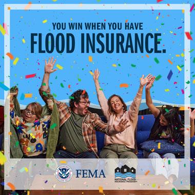 Family sitting on couch, arms raised in celebration, while confetti falls. Text: You win when you have flood insurance