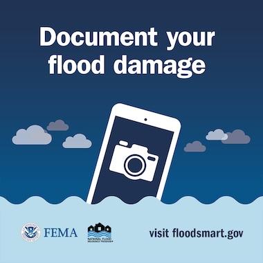 Mobile phone with camera icon, dropped into flood water. Text: Document your flood damage