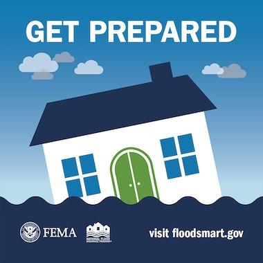 House capsizing into flood water. Text: Get prepared