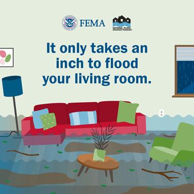 Living room furniture floating in flood water. Text: It only takes an inch to flood your living room
