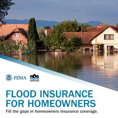 Flooded residential street. Text: Flood insurance for homeowners.