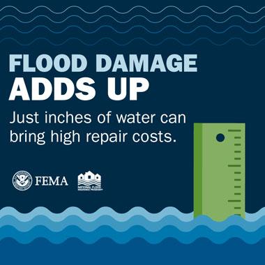 Ruler sticking out of flood water. Text: Flood damage adds up; just inches of water can bring high repair costs.