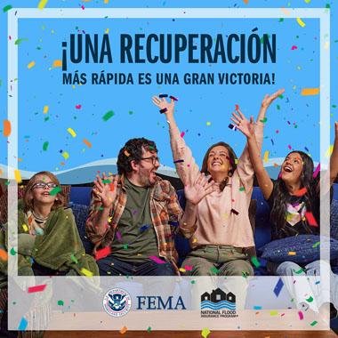 Familia en el sofá, con los brazos levantados en celebración mientras cae confeti. Texto: Una recuperacion mas rapida es una gran victoria!