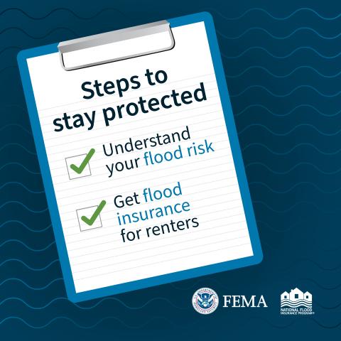 Clipboard with checklist. Text: Steps to stay protected. Understand your flood risk.