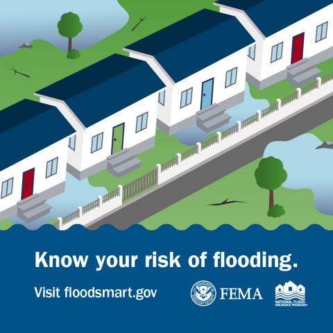 Row of white houses with blue roofs surrounded by floodwaters. Text: Know your risk of flooding