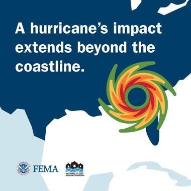 Graphic of the United States map in blue, featuring a hurricane symbol.