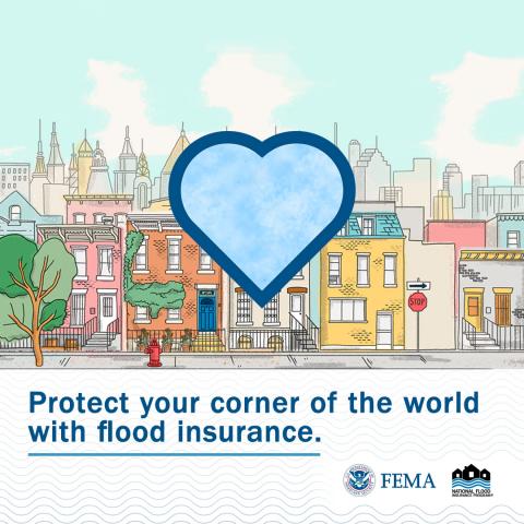 View of a city with clear skies, the text at the bottom reads: "Protect your corner of the world with flood insurance."