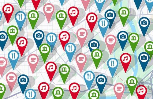 City street map covered in map markers for points of interest