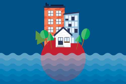 Illustrated buildings on circular island surrounded by high tide waves