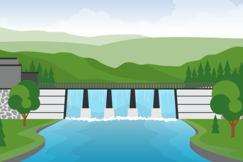 Illustrated dam in mountainous region