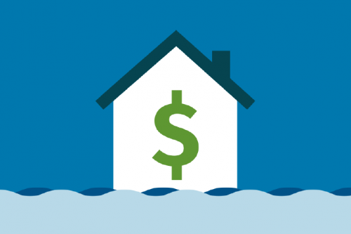 Illustrated house in rising flood water with dollar sign icon