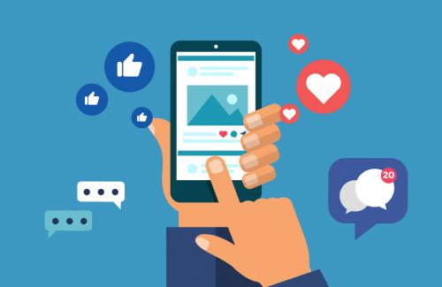 Cartoon person holding phone, chat and reaction icons floating around