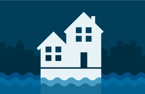 Illustrated rowhomes on flooded street, foundation raised above the flood water line