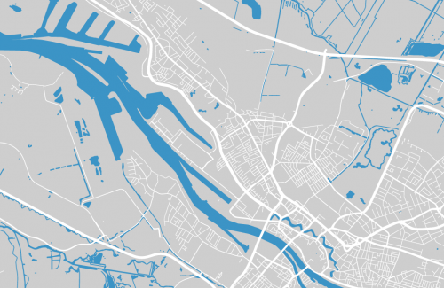 Gray city street map with blue rivers