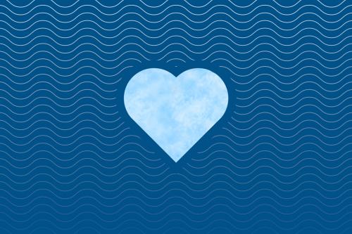 Graphic with blue waves pattern and a watercolor drawing of a heart in the center.