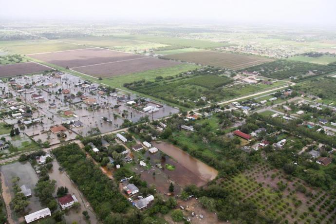 Aerial view of flooded neighborhood, TX