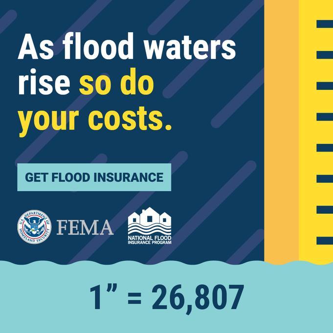 ruler floating in floodwaters next to NFIP logo and FEMA logo