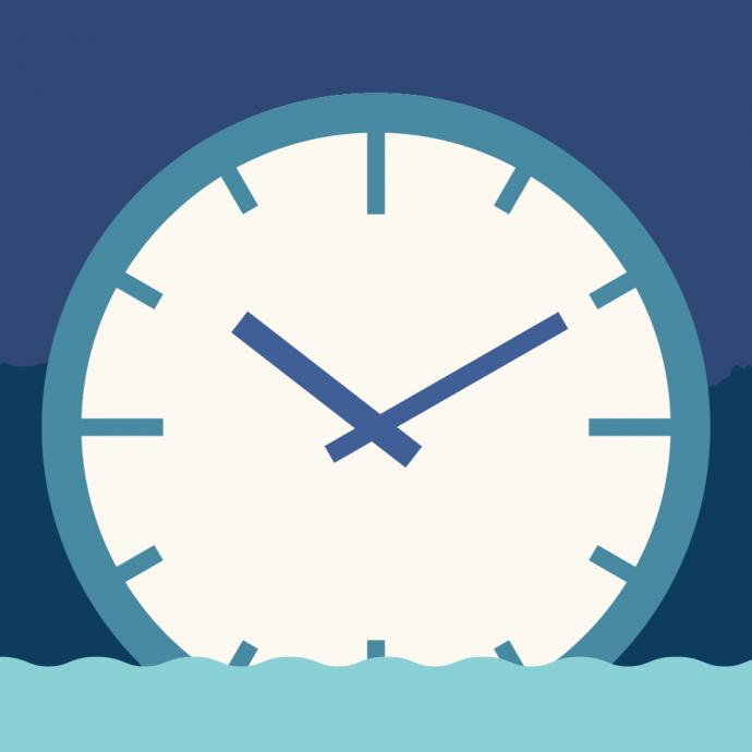 Graphic of a clock floating in floodwater