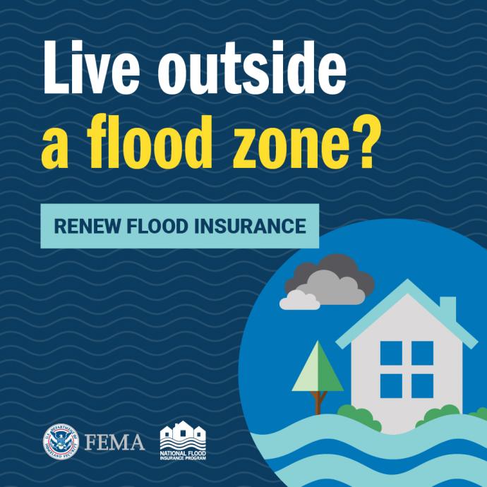 Social graphic that says, "Live outside a flood zone?" with a graphic of a house in floodwater