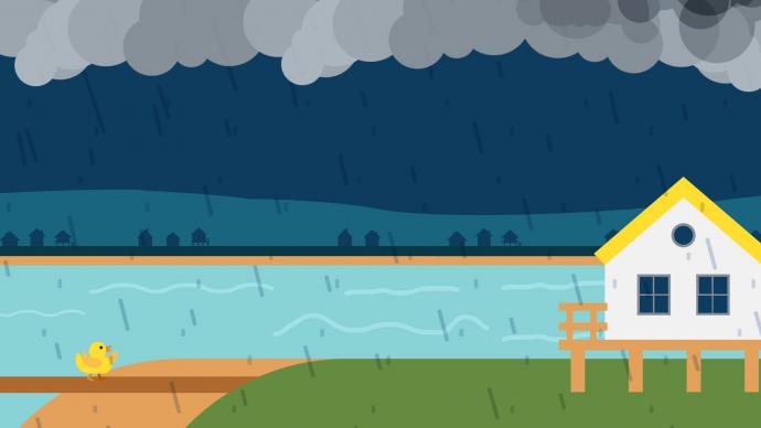A picture of a house near a lake and mountains