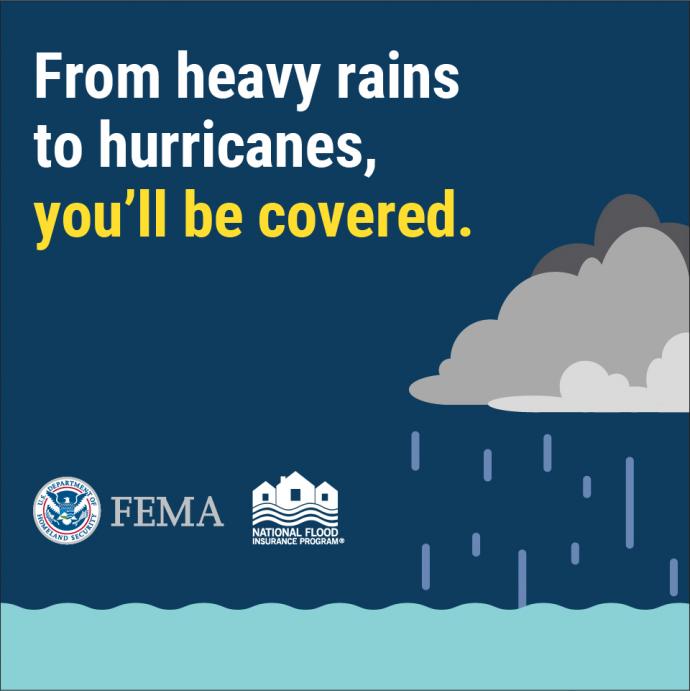 Raincloud over flood waters. Text: From heavy rains to hurricanes, you'll be covered.