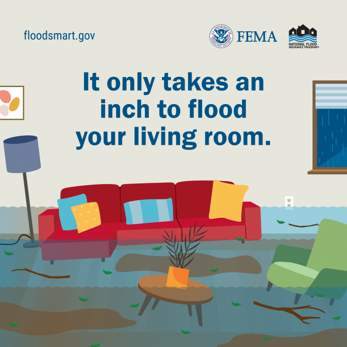 it only takes an inch to flood your living room. water levels rising in living room.