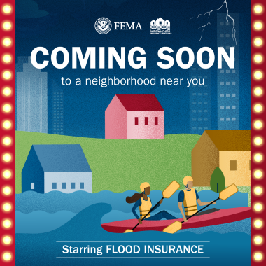 houses with water rising, people kayaking 