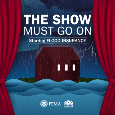 house with water rising, thunder in the background, and curtains closing in