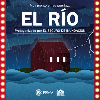Río inundando una casa durante una tormenta. Texto: Muy pronto en su puerta... El Rio. Protagonizado por EL SEGURA DE INUNDACION.