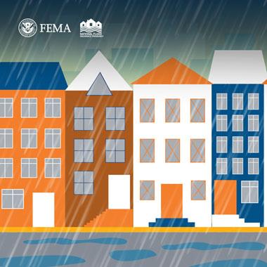 Downtown rowhomes during heavy rainstorm
