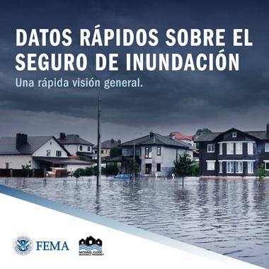 Casas suburbanas inundadas. Texto: Datos rapidos sobre el seguro de inundacion, una rapida vision general.