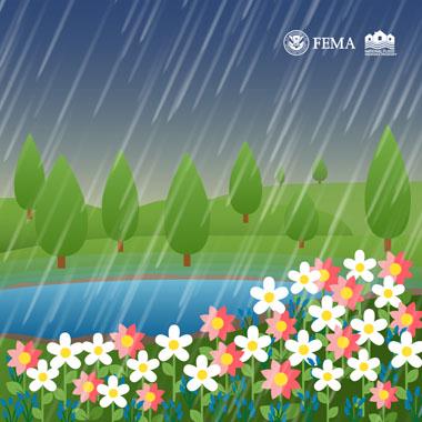 Wildflowers growing next to tree-lined lake, underneath a rainstorm