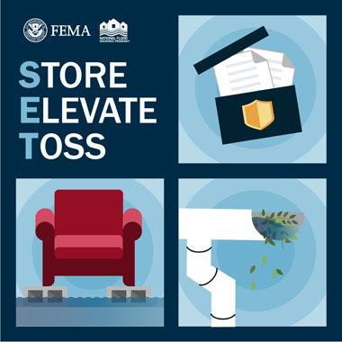 Fabric chair, box full of legal documents, and gutter full of leaves. Text: Store, Elevate, Toss