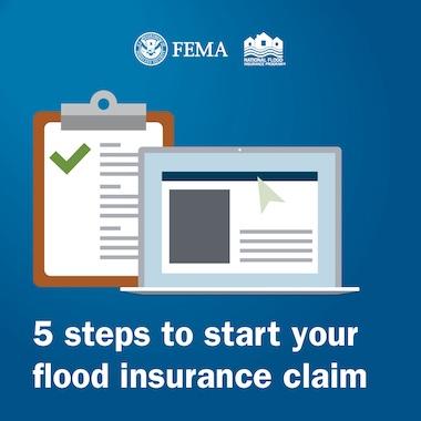 Clipboard with checklist, and laptop with web page open, Text: 5 steps to start your flood insurance claim