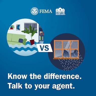 Several inches of flood water in a living room vs a broken window letting in rain water. Text: Know the difference. Talk to your agent.
