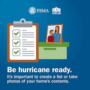 Clipboard with checklist next to stacked boxes of personal items. Test: Be hurricane ready. It's important to create a list or take photos of your home's contents