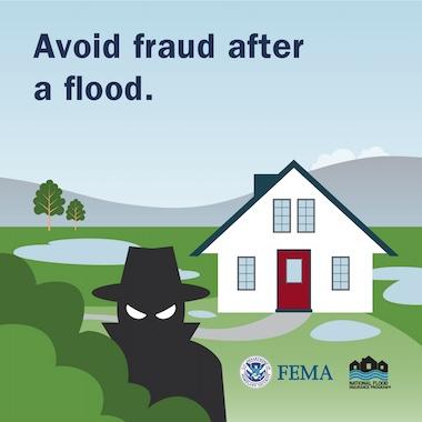 Shadowy figure hiding in bushes in front of flooded country house. Text: Avoid fraud after flood.