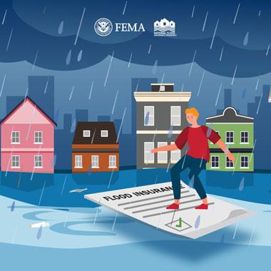 Person surfing on flood insurance documents through flooded city street during storm