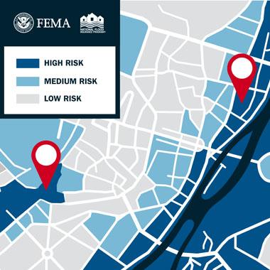 City street map showing high, medium, and low flood risk zones