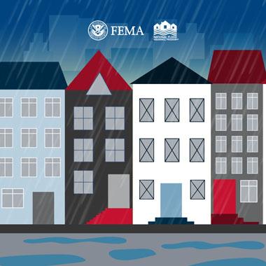 Rain creating big puddles in the street in front of rowhomes