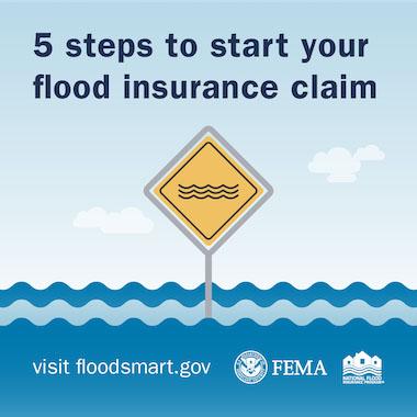 Yellow caution sign with flood symbol. Text: 5 steps to start your flood insurance claim