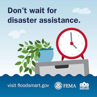 Analog clock and potted plant on sinking filing cabinet. Text: Don't wait for disaster assistance
