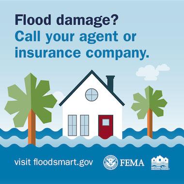 Flooded beach house. Text: Flood damage? Call your agent or insurance company.