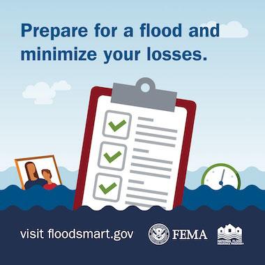 Clipboard with checklist sinking into flood waters. Text: Prepare for a flood and minimize your losses