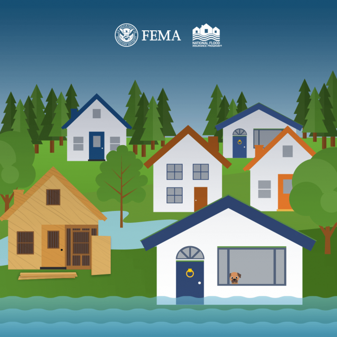 Houses by a flooding river