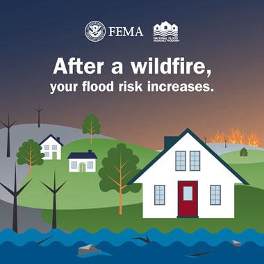 Rural houses next to burned forest and flooded river. Text: After a wildfire, your flood risk increases