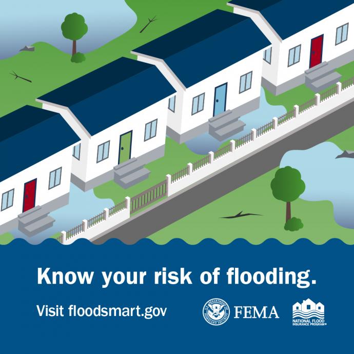 Row of white houses with blue roofs surrounded by floodwaters. Text: Know your risk of flooding
