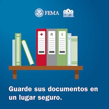 Un estante de madera sostiene una variedad de libros, incluidos archivadores rojos, verdes y grises etiquetados con íconos de salud, hogar y dinero. El fondo azul muestra los logotipos de FEMA y del Programa Nacional de Seguro contra Inundaciones.