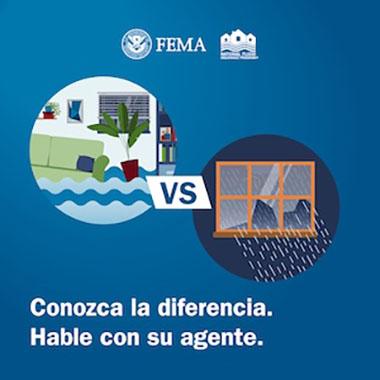 Dos ilustraciones circulares comparan los daños por inundación dentro de una sala de estar y la lluvia en una ventana. El lado izquierdo muestra una sala inundada con un sofá, una planta en maceta y una estantería, mientras que el lado derecho muestra gotas de lluvia golpeando una ventana.