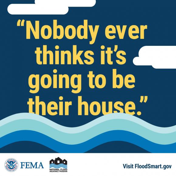 Cartoon image of waves and clouds. Text: Nobody ever thinks it's going to be their house.